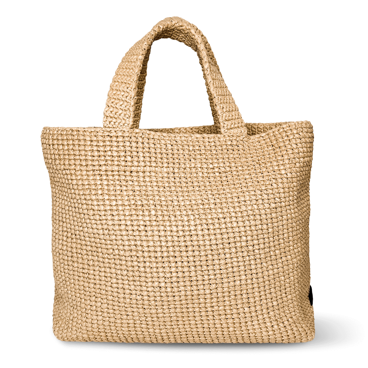 A beige, handheld crochet tote bag made from raffia-like material.