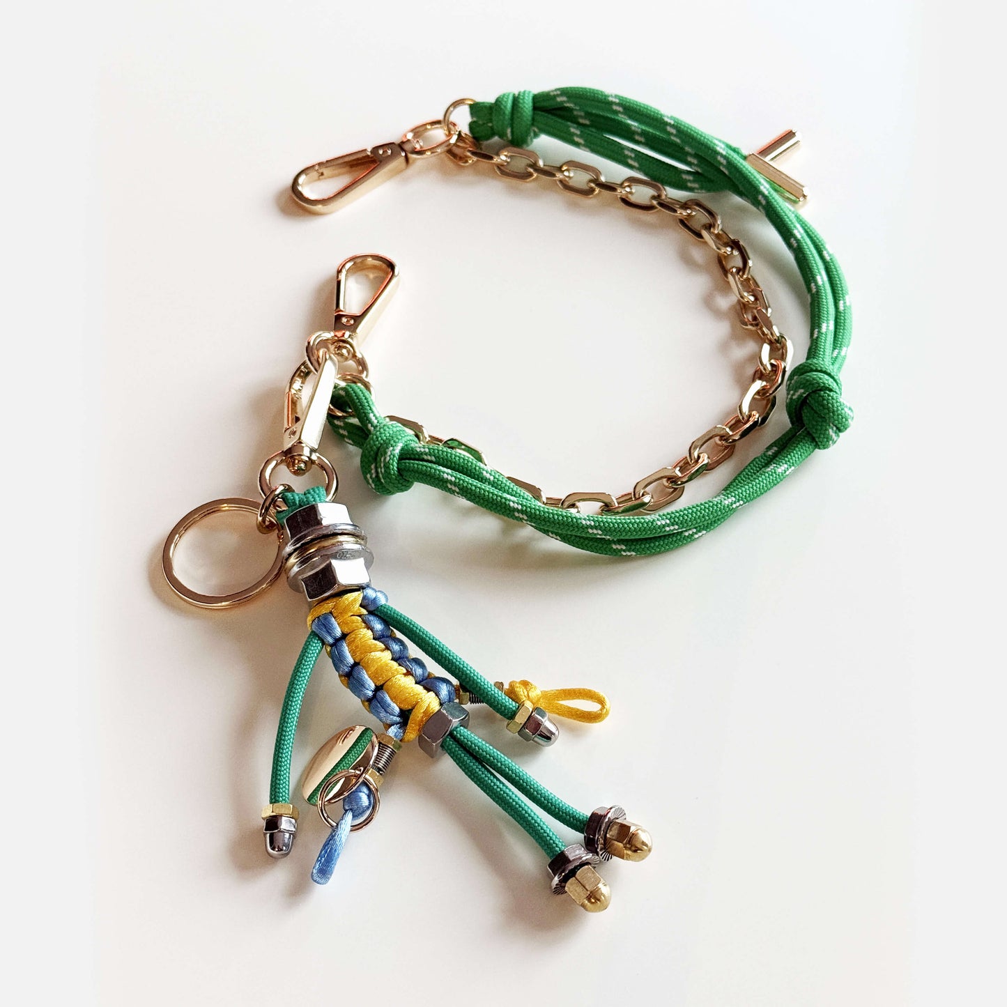 Bag charm with cord and chain in green