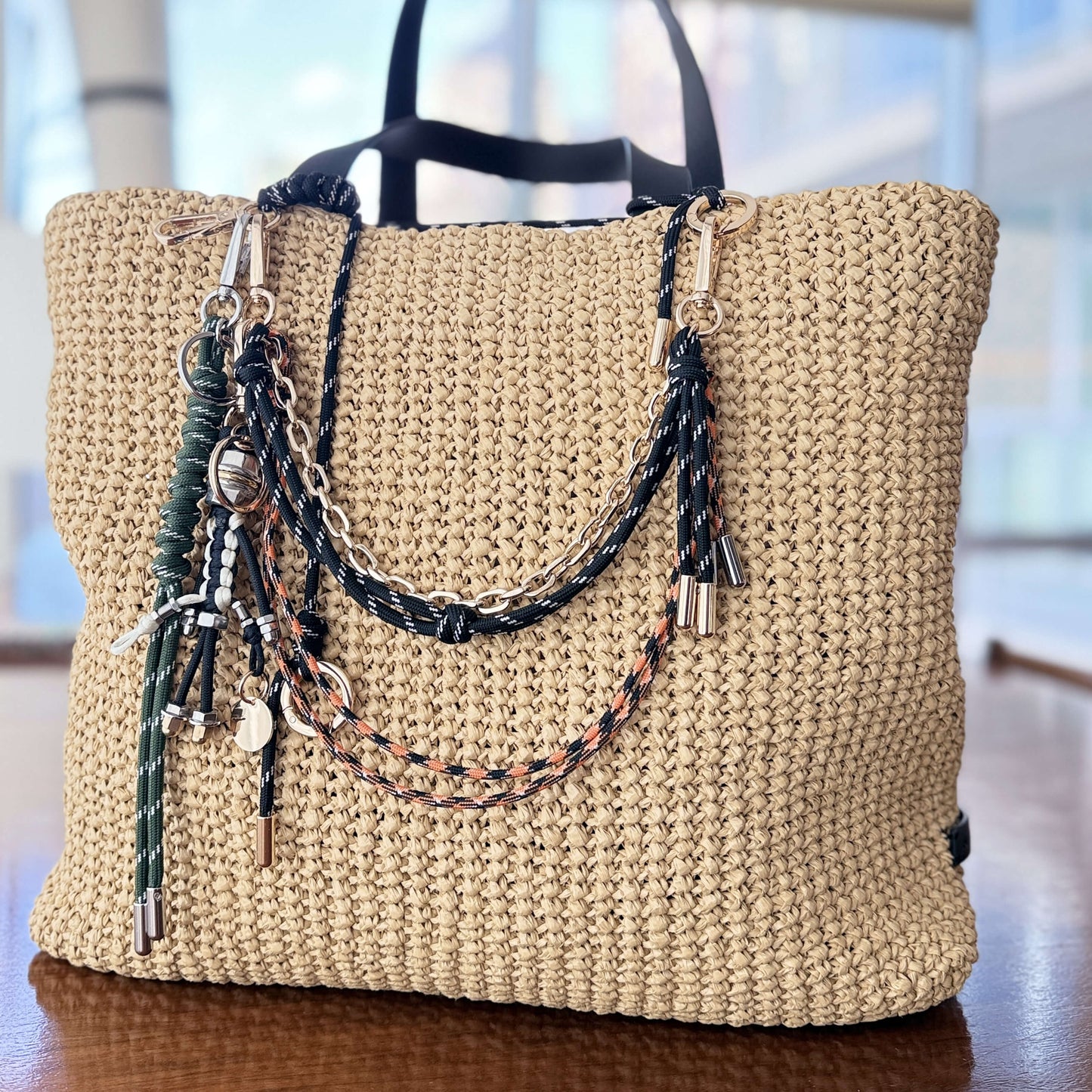 Noir bag charm with cord and chain